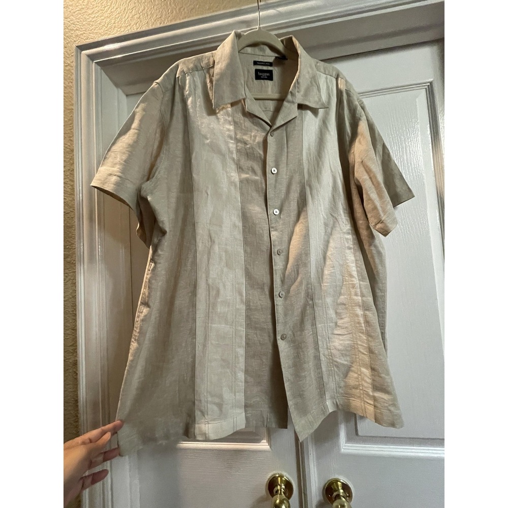 Haggar Shirt Mens 2XL Beige Linen Rayon Short Sleeve Button Up Casual Summer